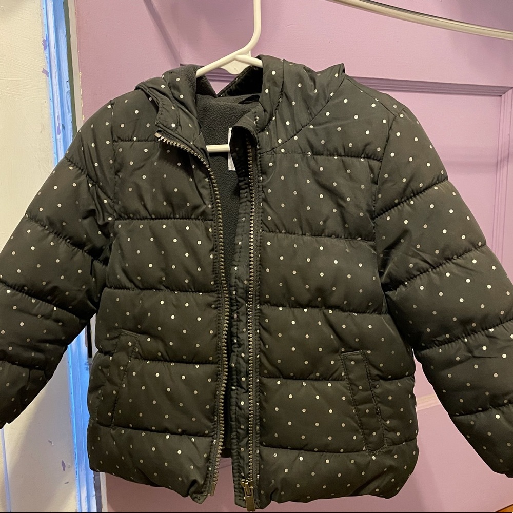 Hooded, gray, polka dotted toddler coat